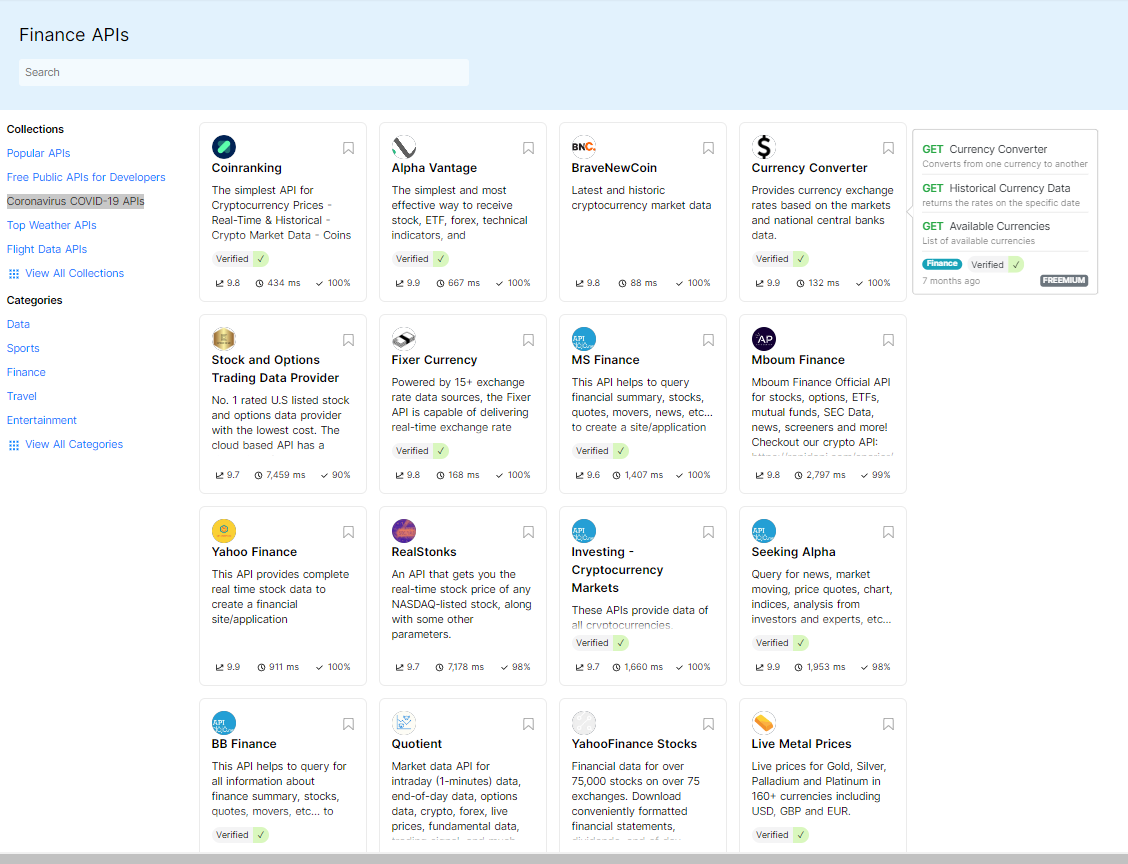API catalog - Finance APIs