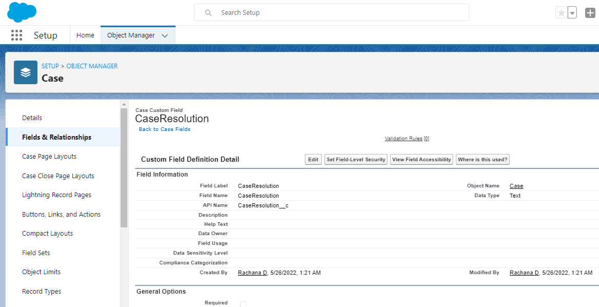 Case Resolution Custom field