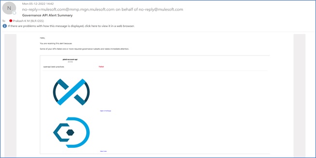 Email notification regarding the API governance summary 