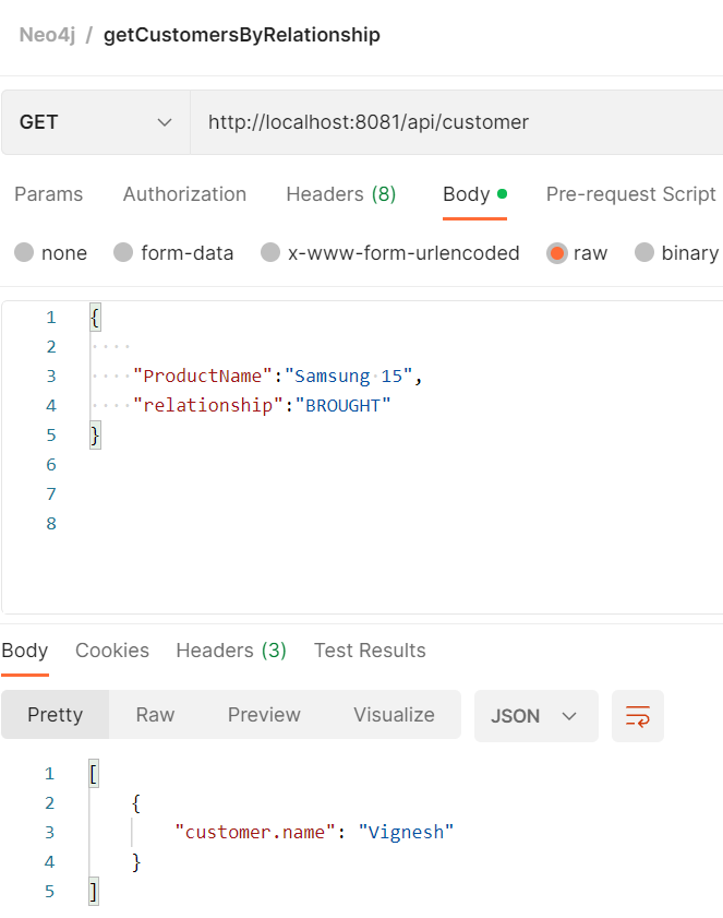 Postman Request and Response to retrieve data from graph database