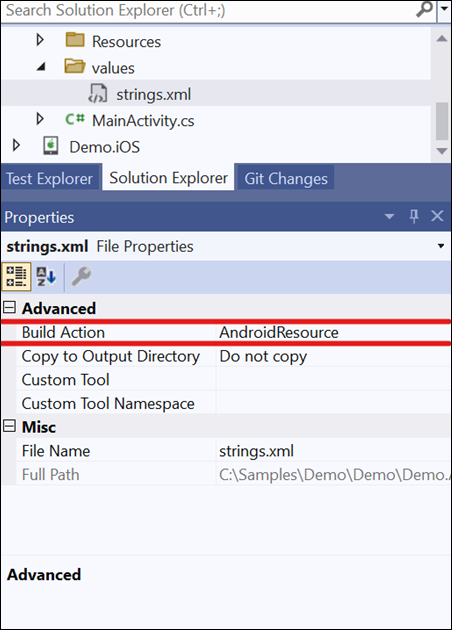 Under Properties, set the build action to AndroidResource